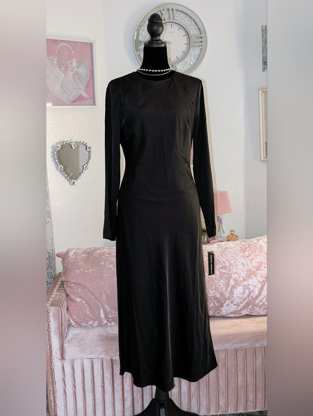 NWT Donna Morgan Black Satin Long Sleeve Midi Dress Size 6 D9551M
